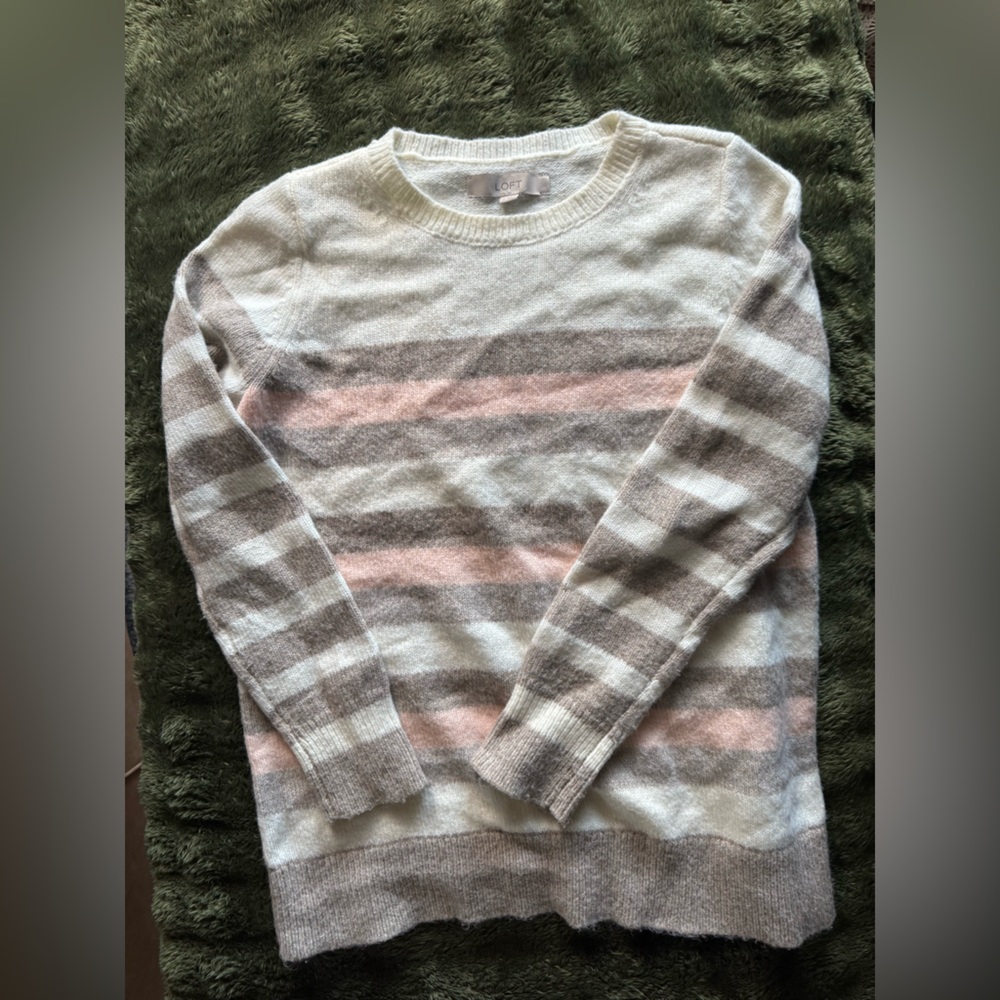 LOFT Striped Crew Neck Sweater - Gray, Pink, White